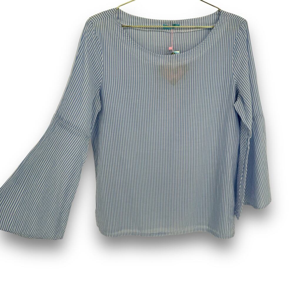 J. McLaughlin Blue White Stripe Poplin Blouse, Bell Sleeve, Size M Casual Preppy - Picture 2 of 6